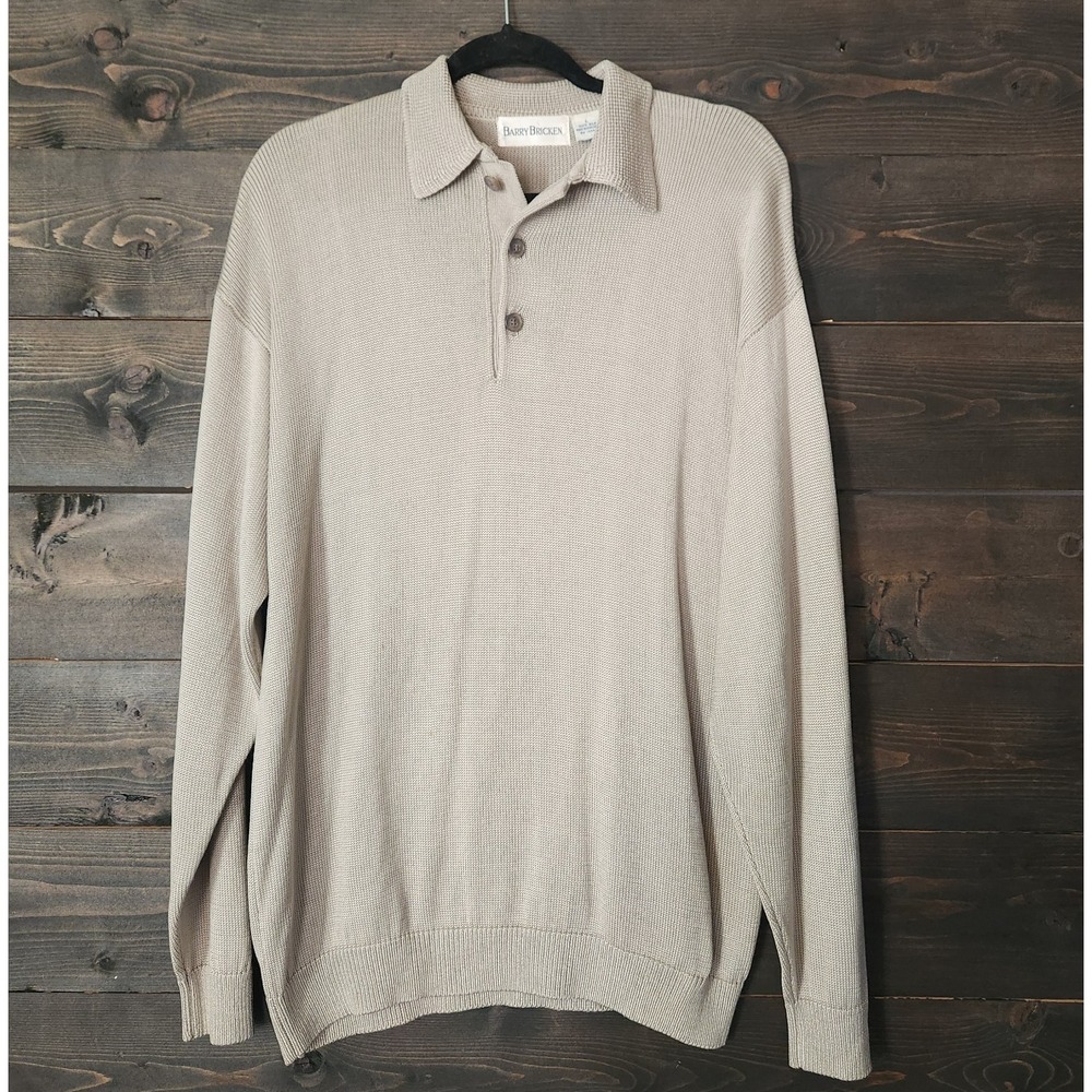 Barry Bricken 100% Silk Polo Sweater Men's Large Knit Pullover Long Sleeve Beige